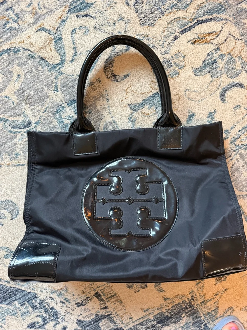 Tory Burch Black Nylon Tote with Patent Logo